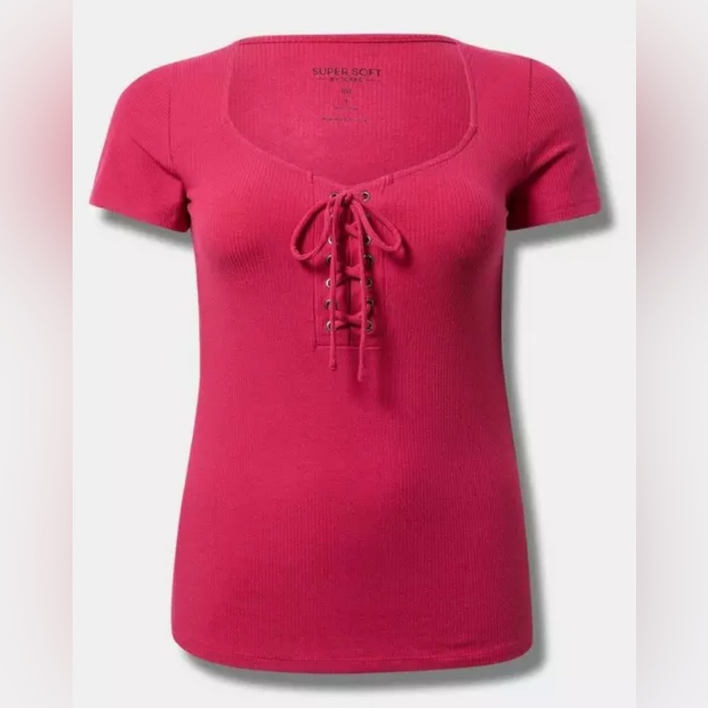 #x636 Torrid SuperSoft Ribbed V-Neck Lace-Up Top Vivacious Pink Sweetheart Neck
